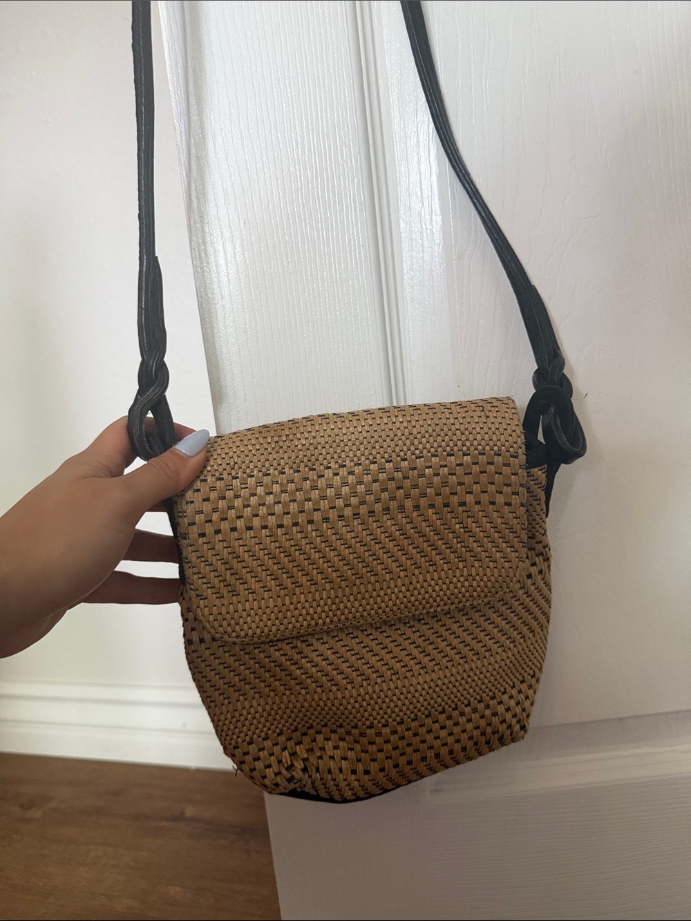 Woven Straw Crossbody Bag with Black Strap